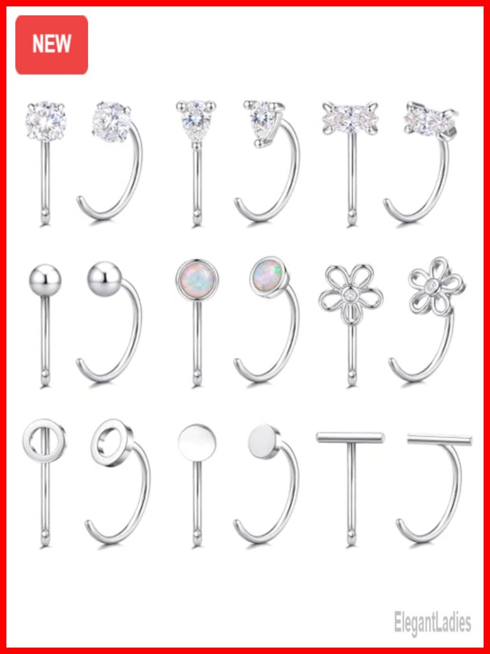 9 Pairs Small Backless Half Hoop Earrings Surgical Steel 18K Gold Plated